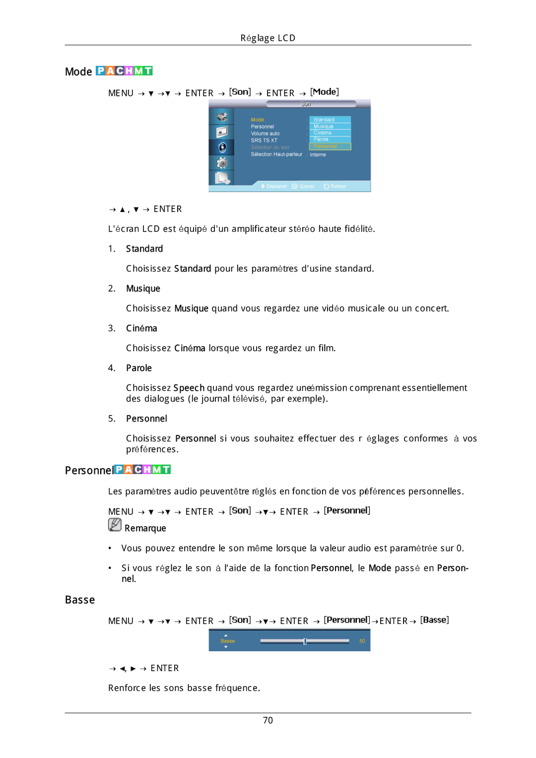 Samsung LH46DLTLGD/EN, LH40DLPLGD/EN, LH40DLTLGD/EN, LH46DLPLGD/EN manual Basse, Musique, Parole 