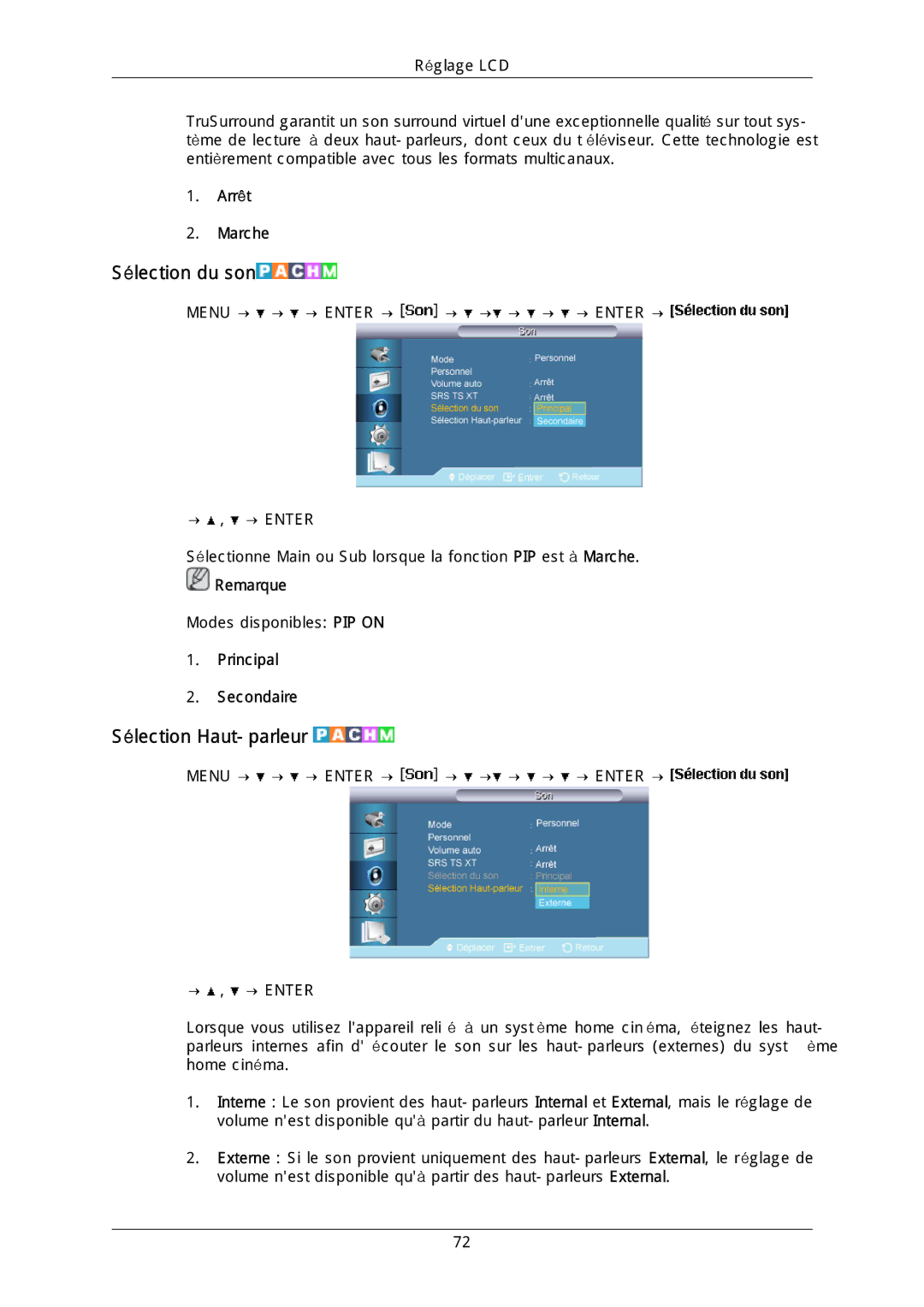 Samsung LH46DLPLGD/EN, LH40DLPLGD/EN, LH46DLTLGD/EN manual Sélection du son, Sélection Haut-parleur, Principal Secondaire 