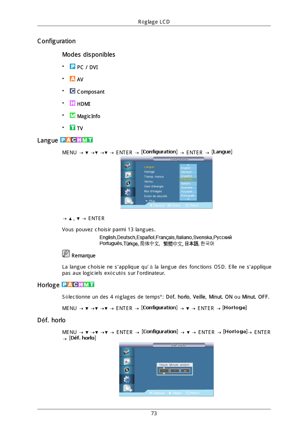 Samsung LH40DLPLGD/EN, LH46DLTLGD/EN, LH40DLTLGD/EN manual Configuration Modes disponibles, Langue, Horloge, Déf. horlo 
