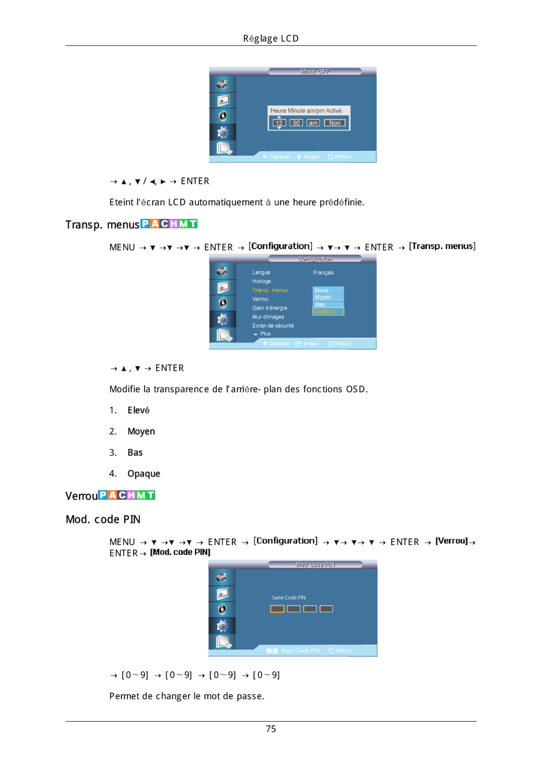 Samsung LH40DLTLGD/EN, LH40DLPLGD/EN, LH46DLTLGD/EN manual Transp. menus, Verrou Mod. code PIN, Elevé Moyen Bas Opaque 