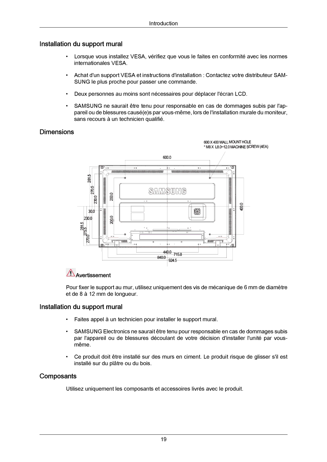 Samsung LH40DLPLGD/EN, LH46DLTLGD/EN, LH40DLTLGD/EN, LH46DLPLGD/EN Installation du support mural, Dimensions, Composants 