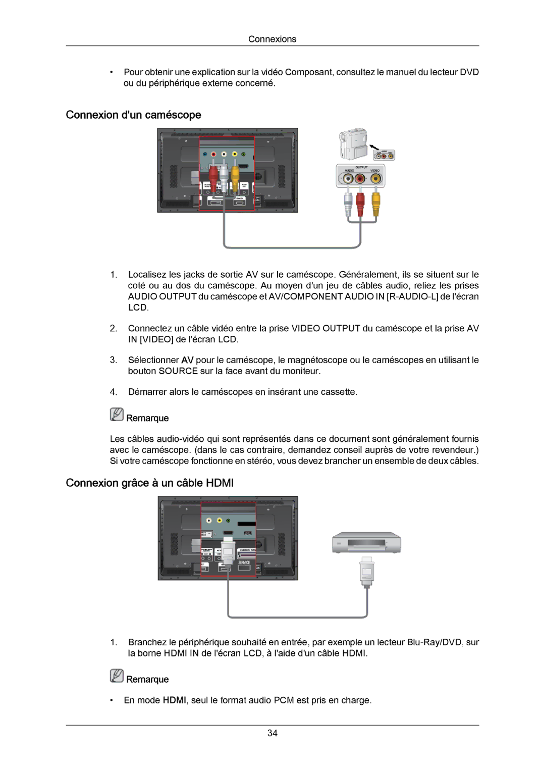 Samsung LH46DLPLGD/EN, LH40DLPLGD/EN, LH46DLTLGD/EN, LH40DLTLGD/EN Connexion dun caméscope, Connexion grâce à un câble Hdmi 