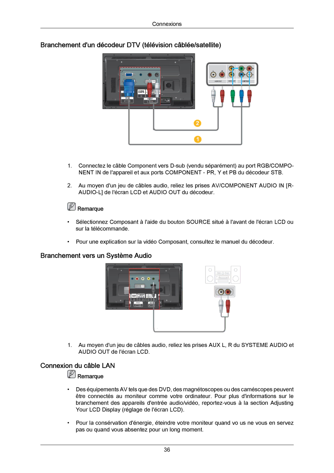 Samsung LH46DLTLGD/EN manual Branchement dun décodeur DTV télévision câblée/satellite, Branchement vers un Système Audio 