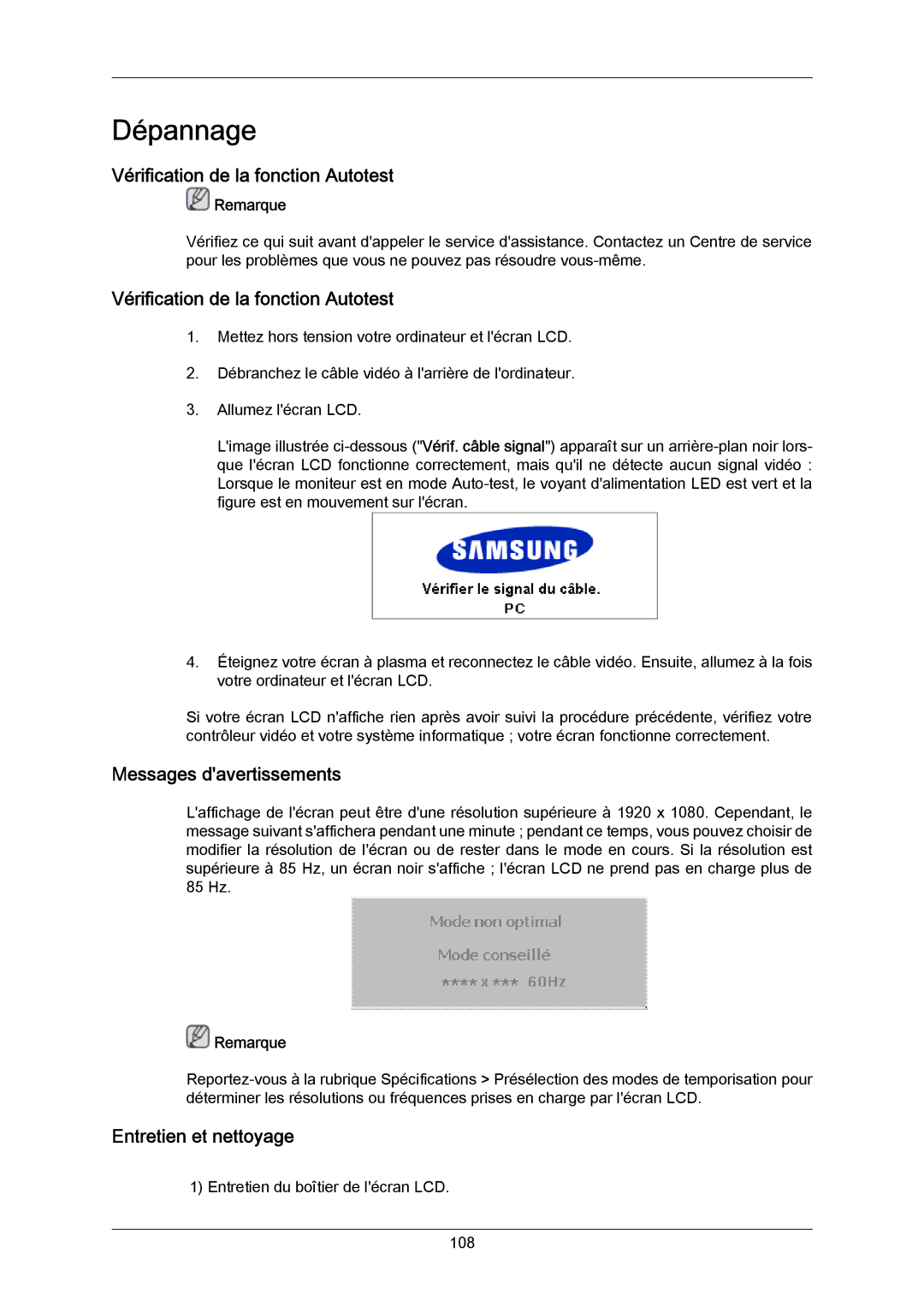 Samsung LH46DLPLGD/EN manual Vérification de la fonction Autotest, Messages davertissements, Entretien et nettoyage 