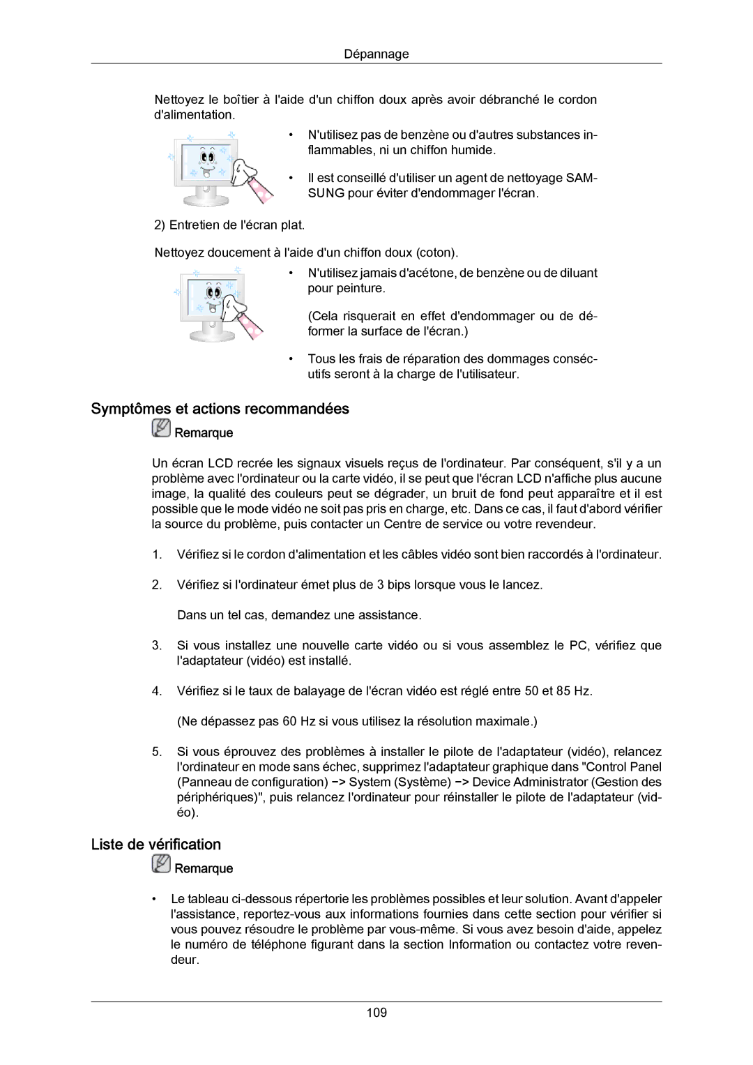 Samsung LH40DLPLGD/EN, LH46DLTLGD/EN, LH40DLTLGD/EN, LH46DLPLGD/EN Symptômes et actions recommandées, Liste de vérification 