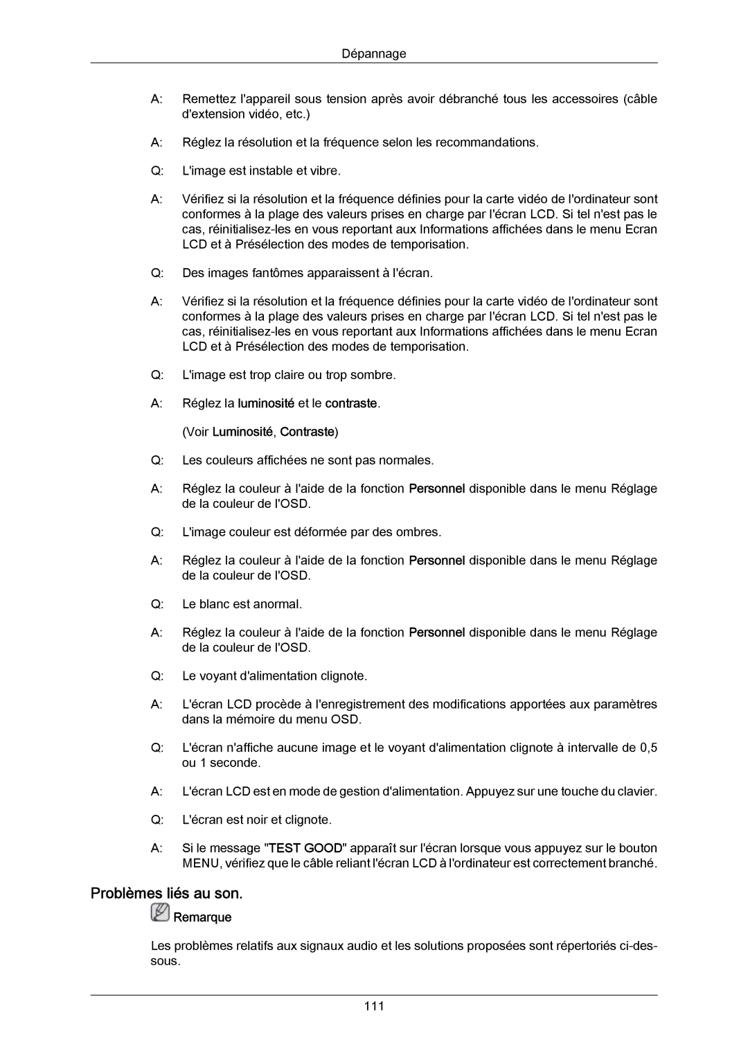 Samsung LH40DLTLGD/EN, LH40DLPLGD/EN, LH46DLTLGD/EN, LH46DLPLGD/EN manual Problèmes liés au son 