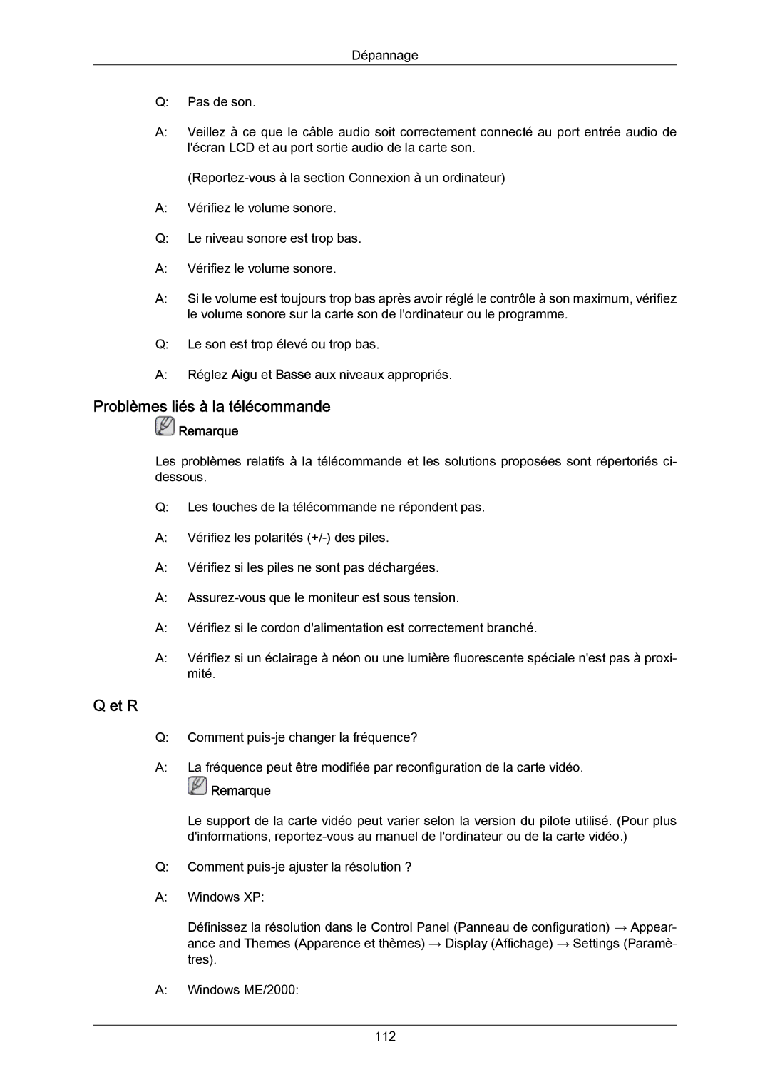 Samsung LH46DLPLGD/EN, LH40DLPLGD/EN, LH46DLTLGD/EN, LH40DLTLGD/EN manual Problèmes liés à la télécommande, Et R 