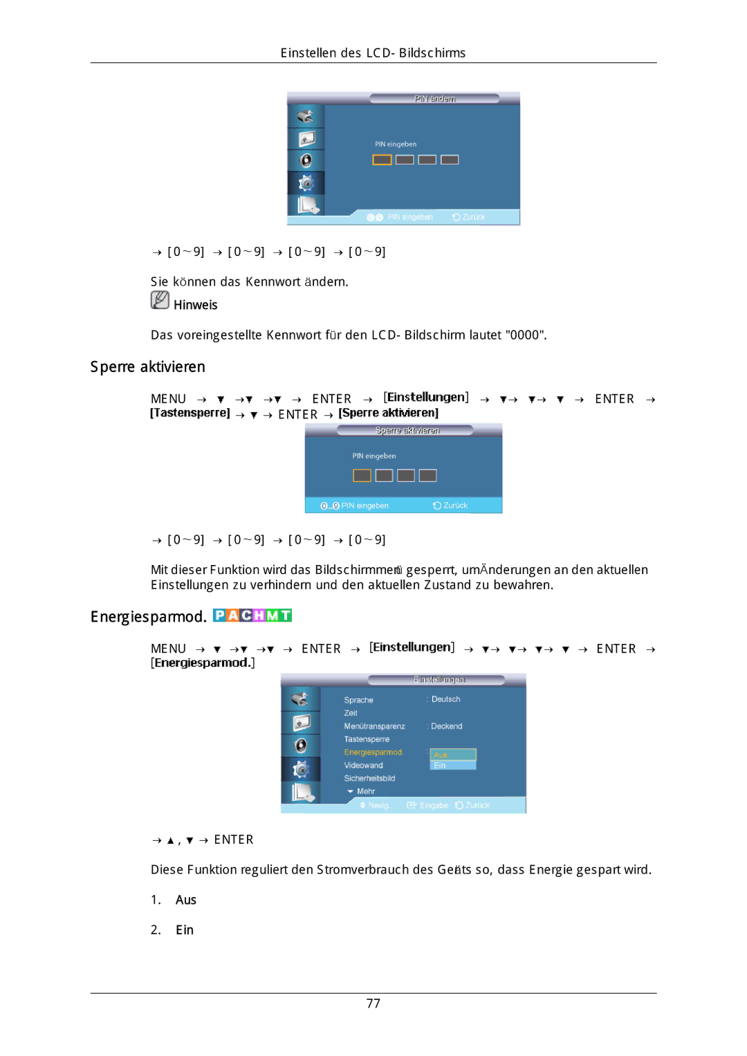 Samsung LH40DLPLGD/EN, LH46DLTLGD/EN, LH40DLTLGD/EN, LH46DLPLGD/EN manual Sperre aktivieren, Energiesparmod 