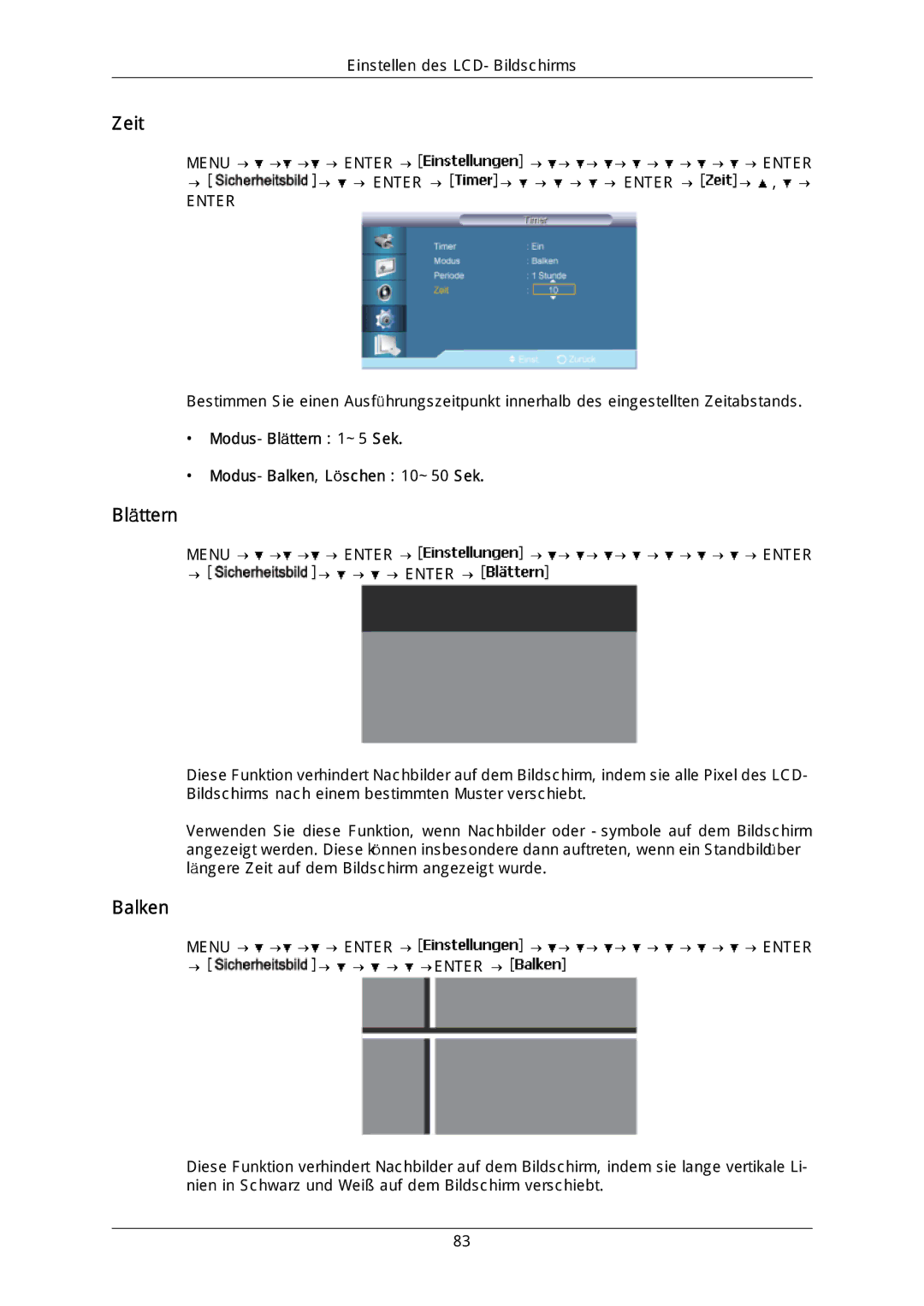 Samsung LH40DLTLGD/EN, LH40DLPLGD/EN, LH46DLTLGD/EN manual Modus-Blättern 1~5 Sek Modus-Balken,Löschen 10~50 Sek 