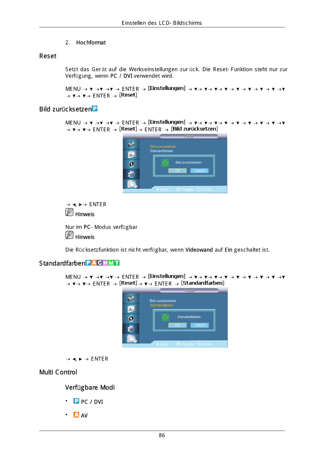 Samsung LH46DLTLGD/EN, LH40DLPLGD/EN, LH40DLTLGD/EN Reset, Bild zurücksetzen, Standardfarben, Multi Control Verfügbare Modi 