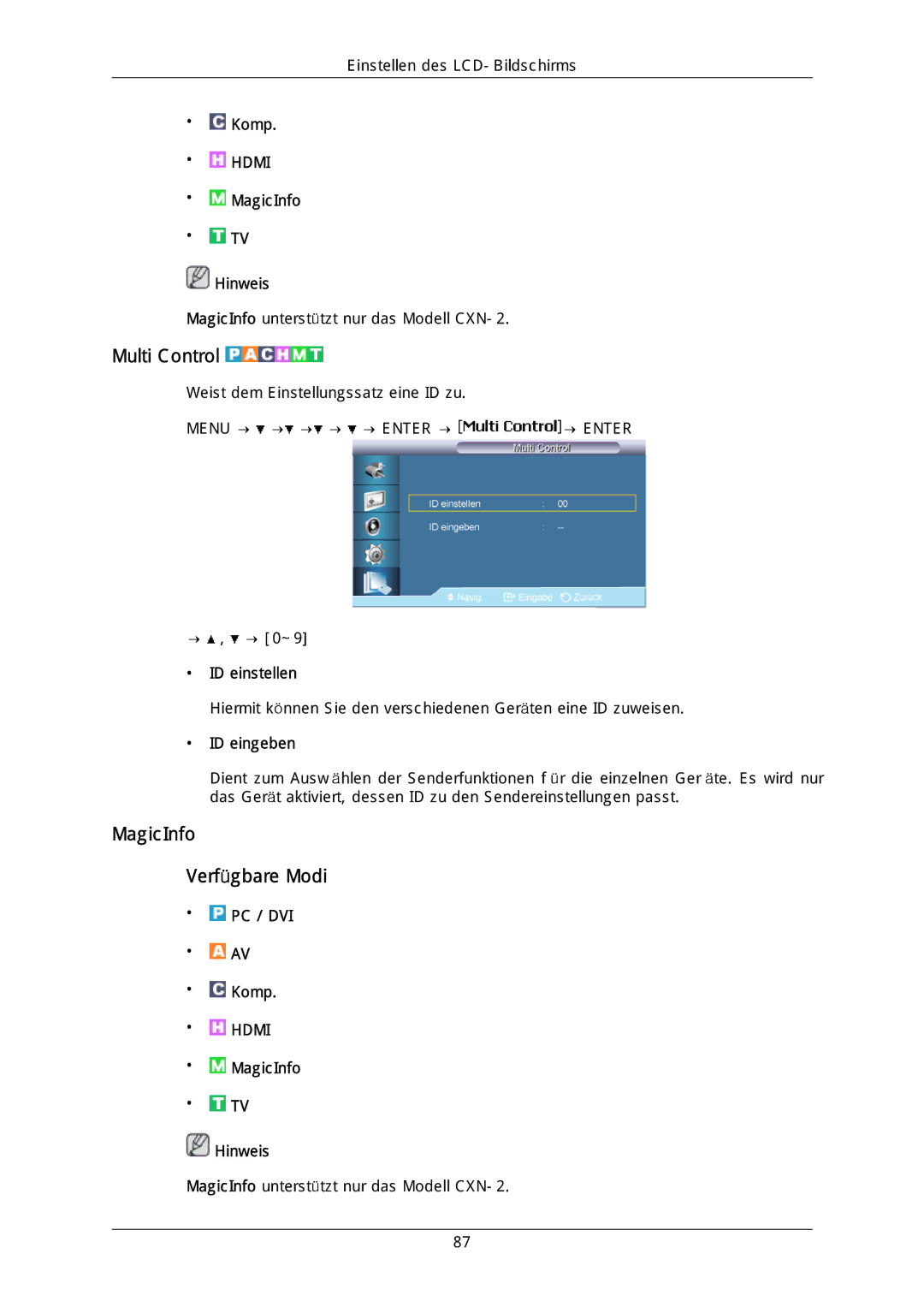 Samsung LH40DLTLGD/EN, LH40DLPLGD/EN, LH46DLTLGD/EN Multi Control, MagicInfo Verfügbare Modi, ID einstellen, ID eingeben 