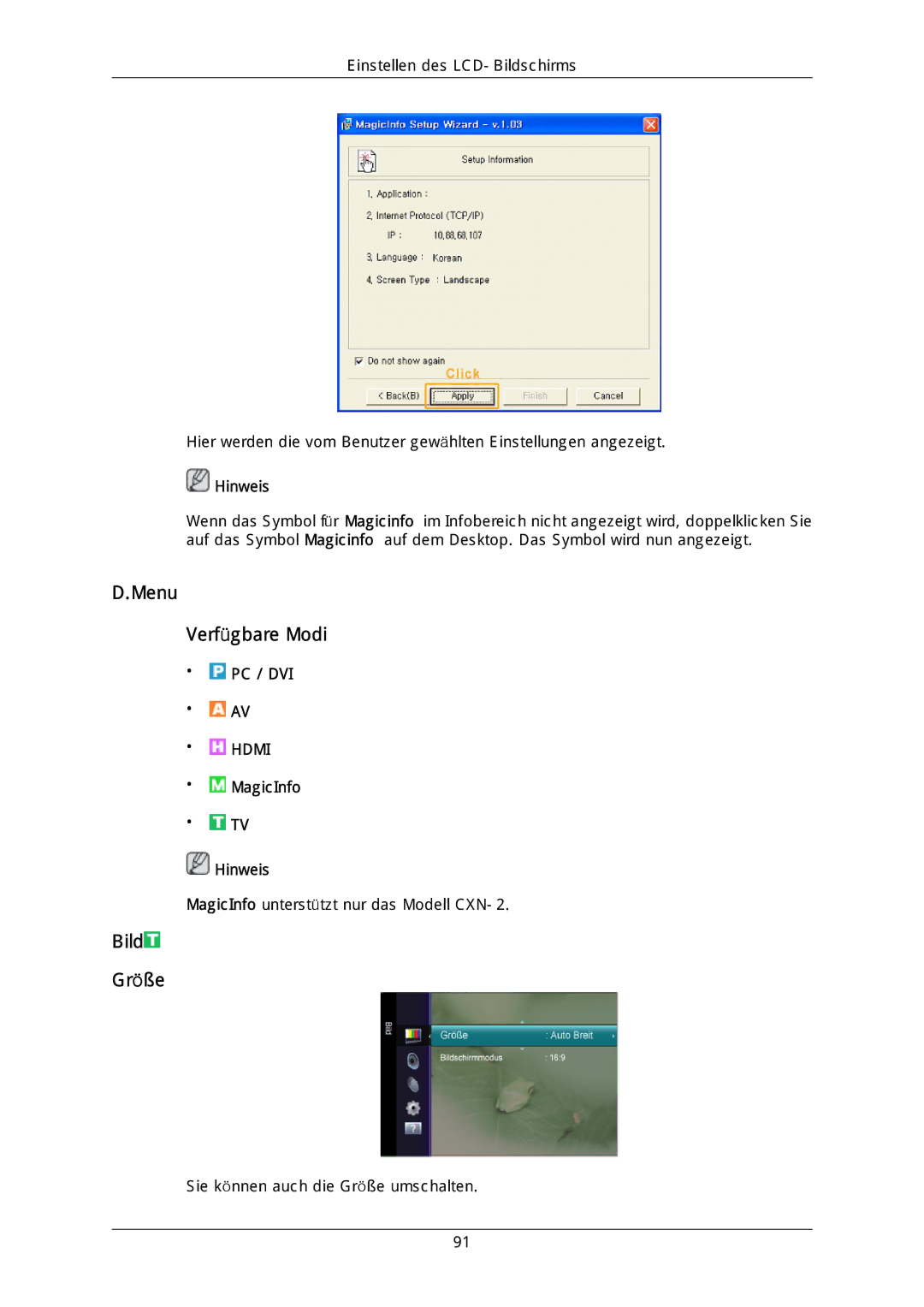 Samsung LH40DLTLGD/EN, LH40DLPLGD/EN, LH46DLTLGD/EN, LH46DLPLGD/EN manual Menu Verfügbare Modi, Bild Größe 