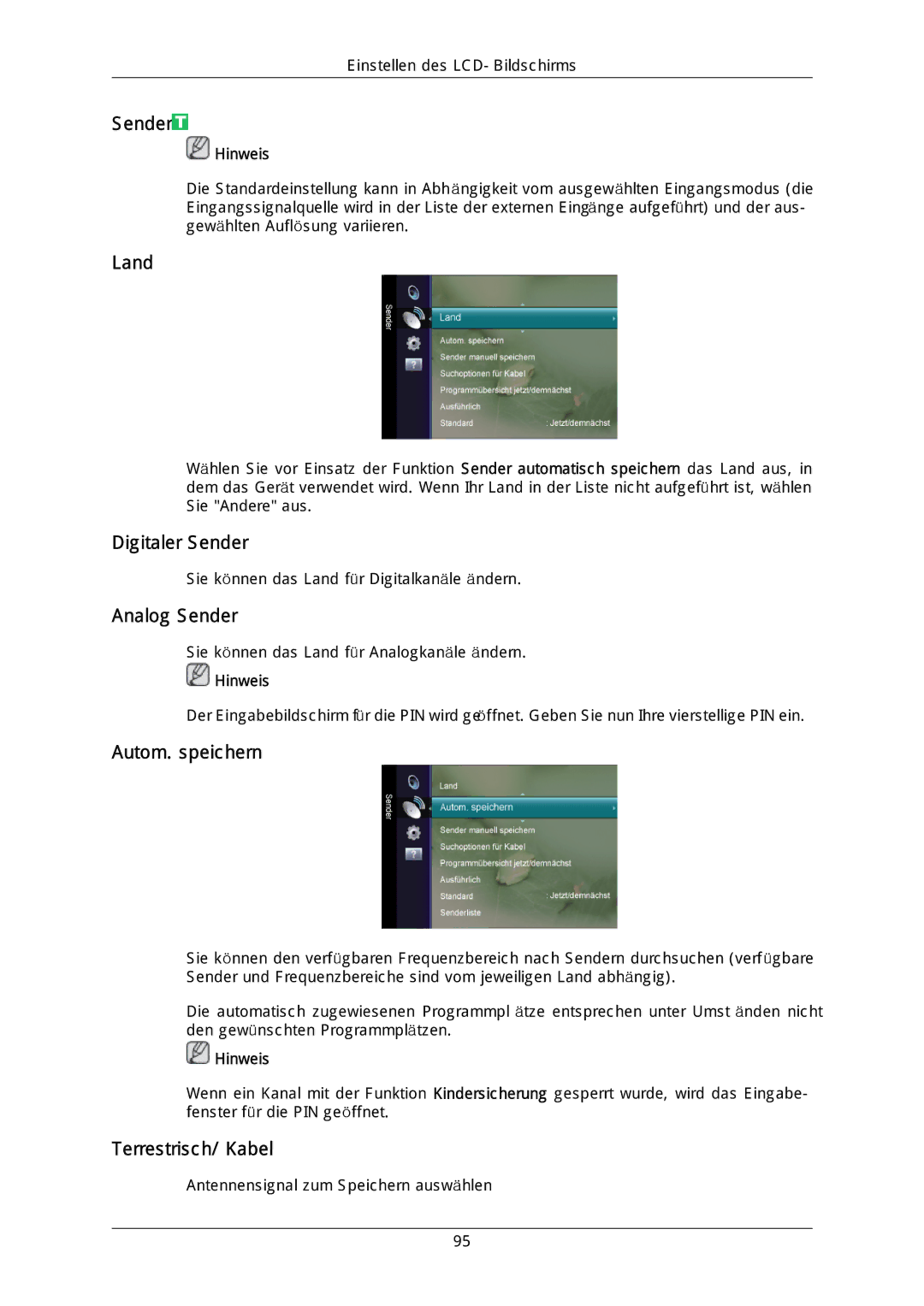 Samsung LH40DLTLGD/EN, LH40DLPLGD/EN manual Land, Digitaler Sender, Analog Sender, Autom. speichern, Terrestrisch/ Kabel 