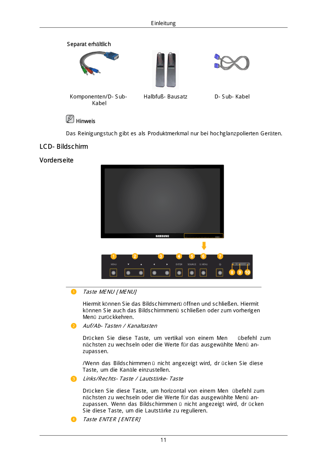 Samsung LH40DLPLGD/EN, LH46DLTLGD/EN, LH40DLTLGD/EN, LH46DLPLGD/EN manual LCD-Bildschirm Vorderseite, Taste Menu Menu 