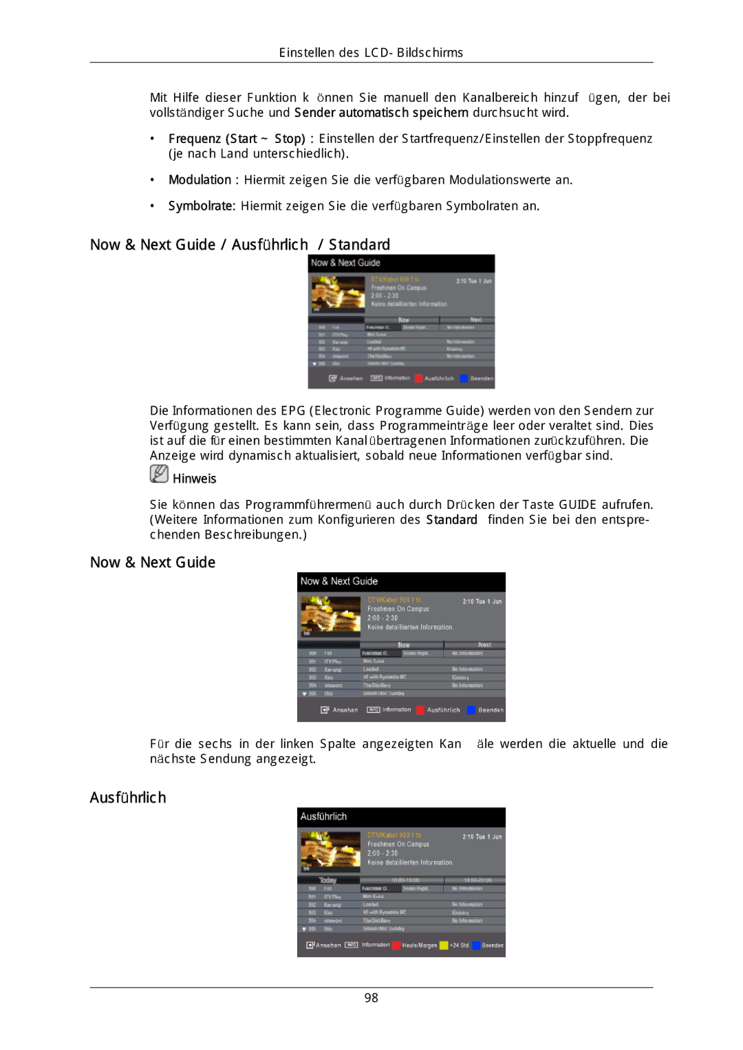 Samsung LH46DLTLGD/EN, LH40DLPLGD/EN, LH40DLTLGD/EN, LH46DLPLGD/EN manual Now & Next Guide / Ausführlich / Standard 