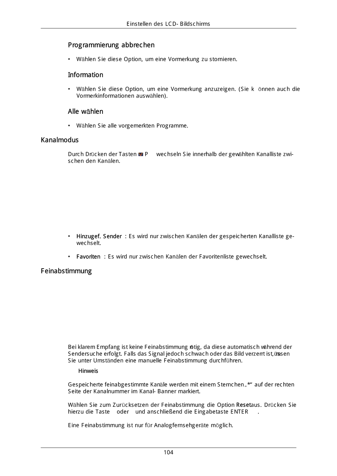 Samsung LH46DLPLGD/EN, LH40DLPLGD/EN manual Programmierung abbrechen, Information, Alle wählen, Kanalmodus, Feinabstimmung 