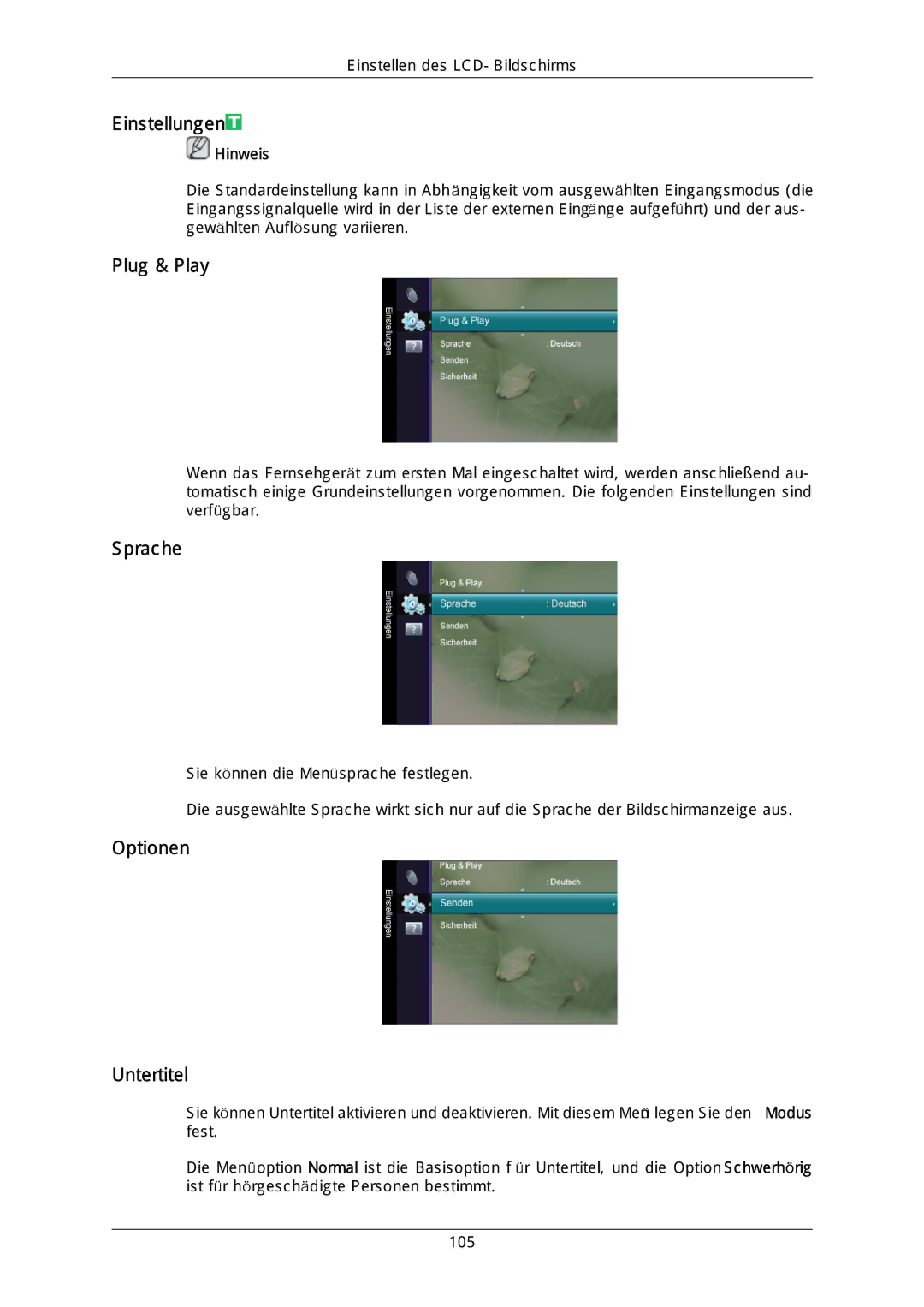 Samsung LH40DLPLGD/EN, LH46DLTLGD/EN, LH40DLTLGD/EN, LH46DLPLGD/EN manual Einstellungen, Plug & Play, Optionen Untertitel 