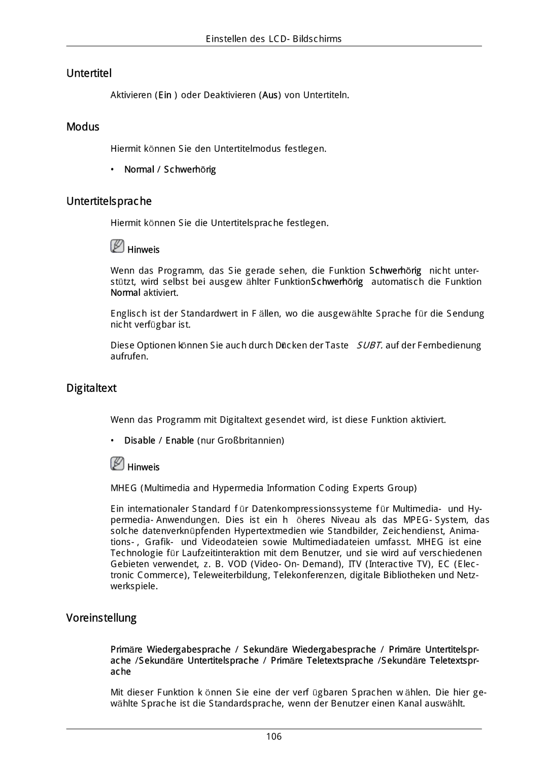 Samsung LH46DLTLGD/EN, LH40DLPLGD/EN, LH40DLTLGD/EN Untertitelsprache, Digitaltext, Voreinstellung, Normal / Schwerhörig 