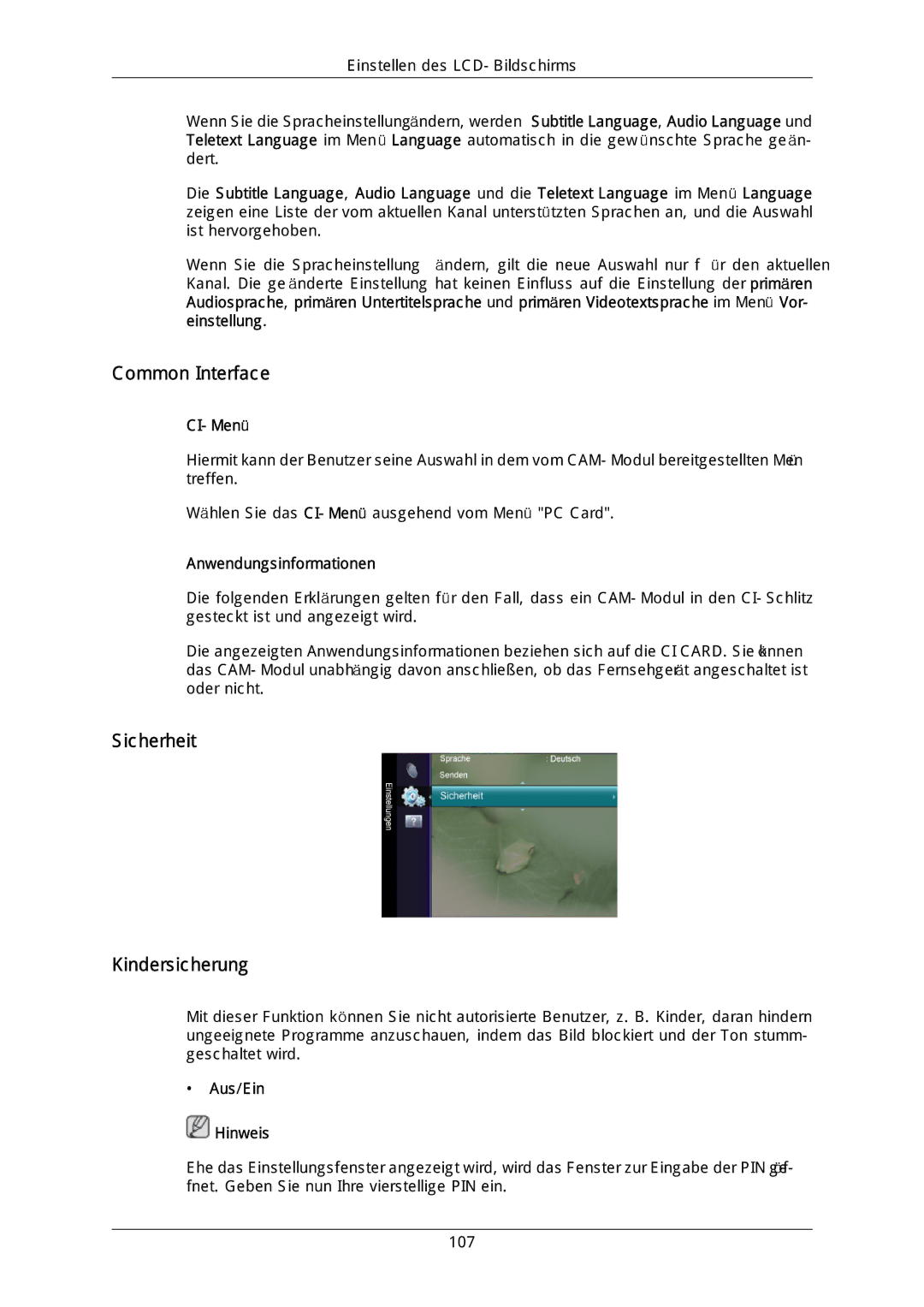 Samsung LH40DLTLGD/EN Common Interface, Sicherheit Kindersicherung, CI-Menü, Anwendungsinformationen, Aus/Ein Hinweis 