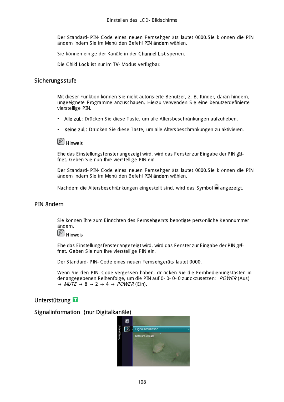 Samsung LH46DLPLGD/EN, LH40DLPLGD/EN, LH46DLTLGD/EN manual Sicherungsstufe, Unterstützung Signalinformation nur Digitalkanäle 