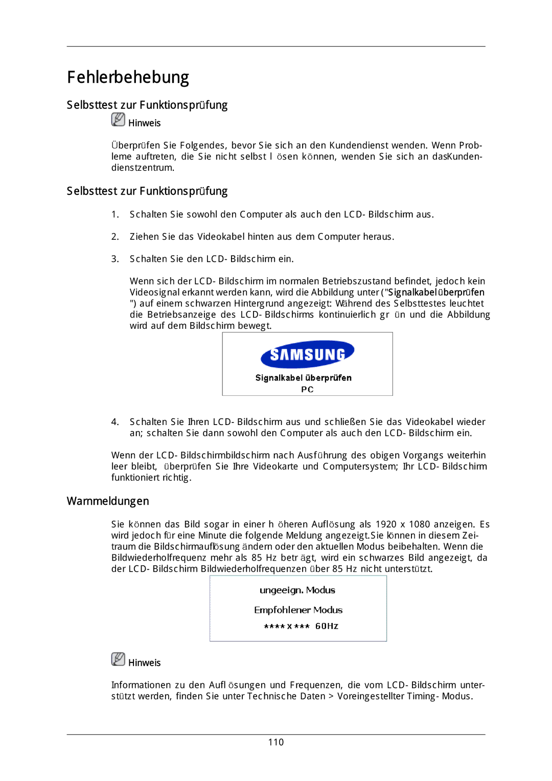 Samsung LH46DLTLGD/EN, LH40DLPLGD/EN, LH40DLTLGD/EN, LH46DLPLGD/EN manual Selbsttest zur Funktionsprüfung, Warnmeldungen 