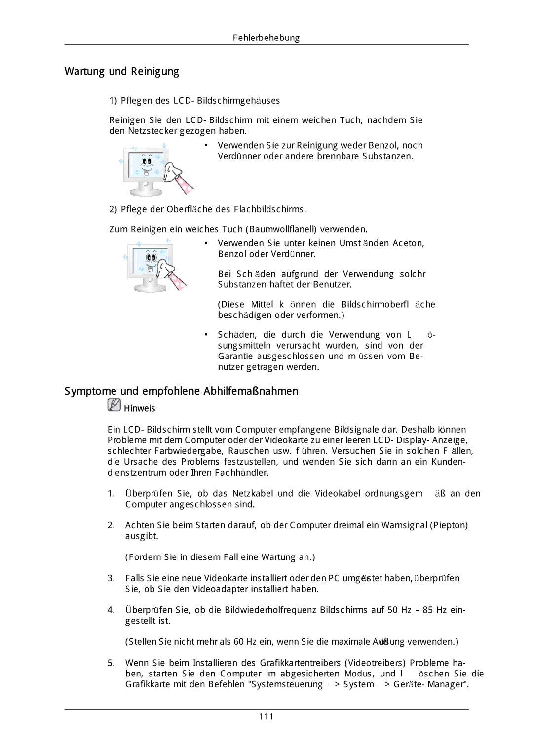 Samsung LH40DLTLGD/EN, LH40DLPLGD/EN, LH46DLTLGD/EN manual Wartung und Reinigung, Symptome und empfohlene Abhilfemaßnahmen 