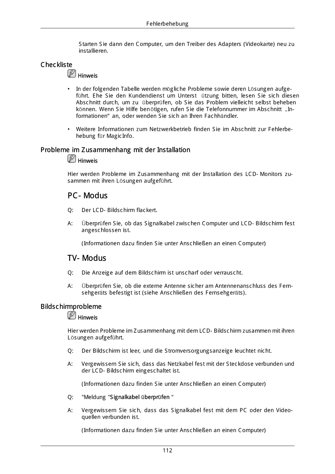 Samsung LH46DLPLGD/EN, LH40DLPLGD/EN manual Checkliste, Probleme im Zusammenhang mit der Installation, Bildschirmprobleme 