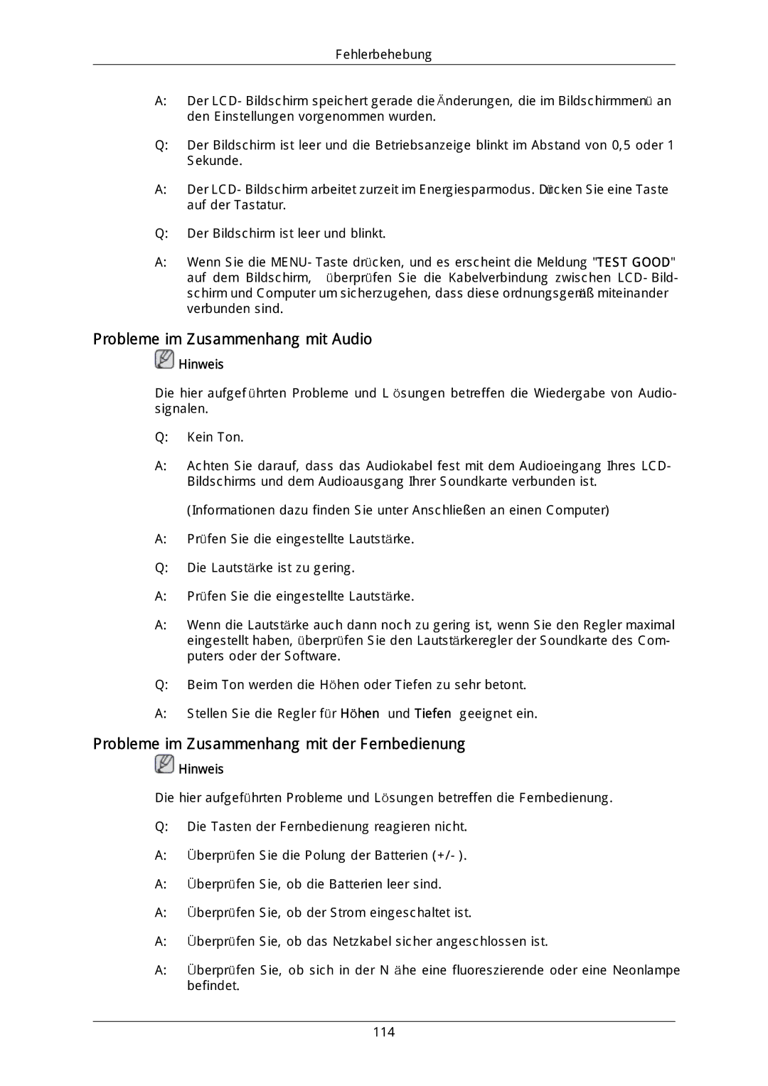 Samsung LH46DLTLGD/EN, LH40DLPLGD/EN Probleme im Zusammenhang mit Audio, Probleme im Zusammenhang mit der Fernbedienung 