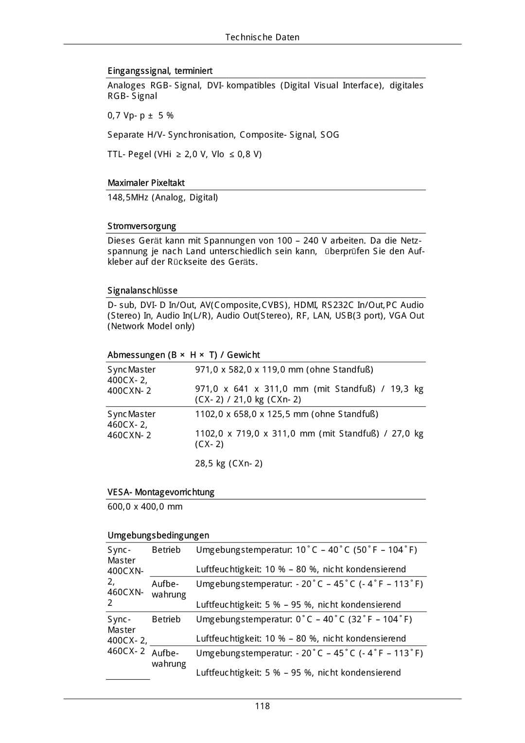 Samsung LH46DLTLGD/EN, LH40DLPLGD/EN, LH40DLTLGD/EN, LH46DLPLGD/EN manual Maximaler Pixeltakt 