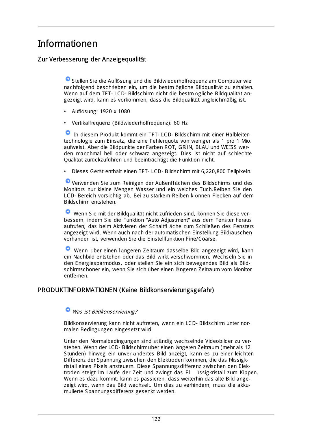 Samsung LH46DLTLGD/EN manual Zur Verbesserung der Anzeigequalität, Produktinformationen Keine Bildkonservierungsgefahr 