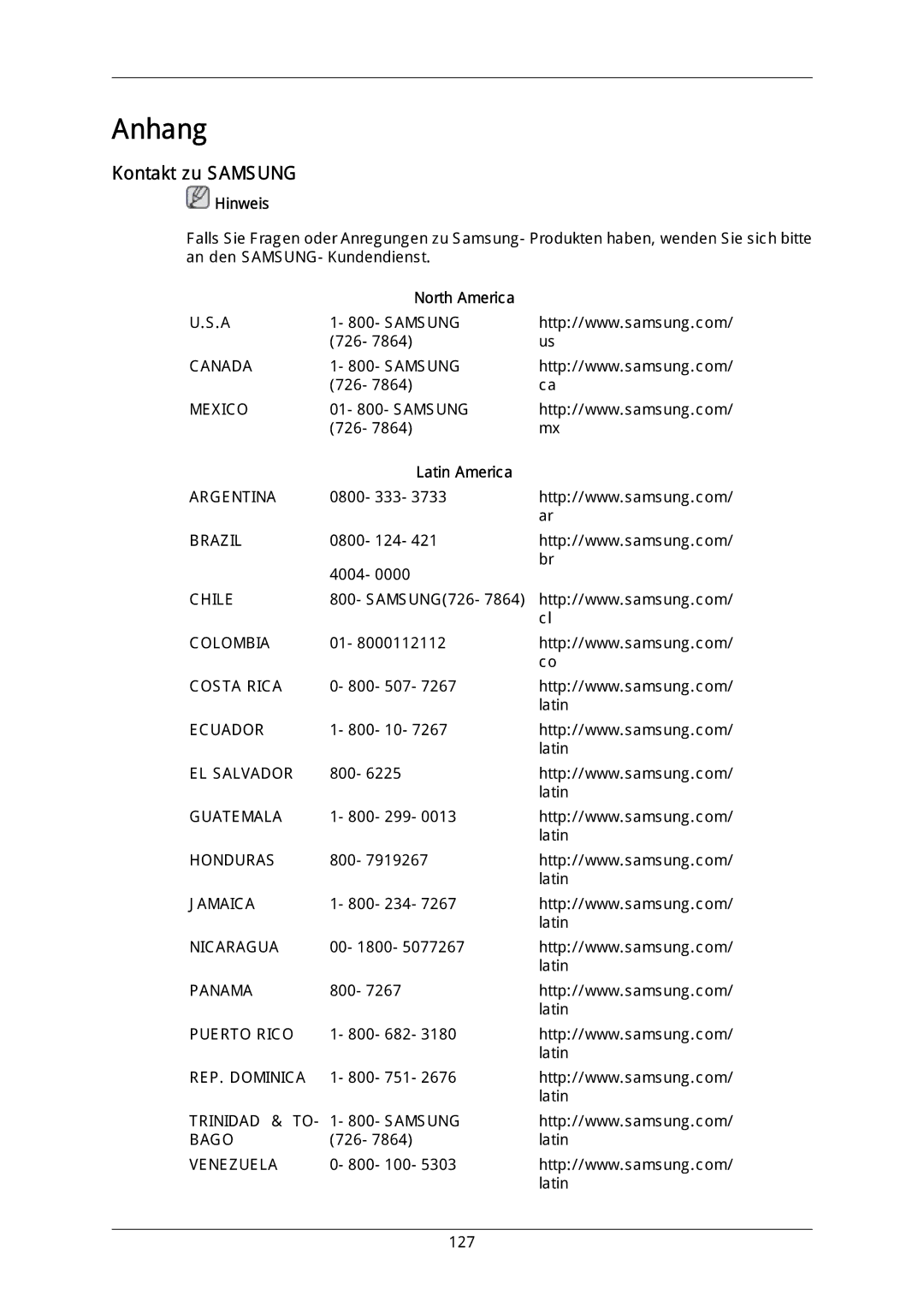 Samsung LH40DLTLGD/EN, LH40DLPLGD/EN, LH46DLTLGD/EN, LH46DLPLGD/EN manual Kontakt zu Samsung, North America, Latin America 