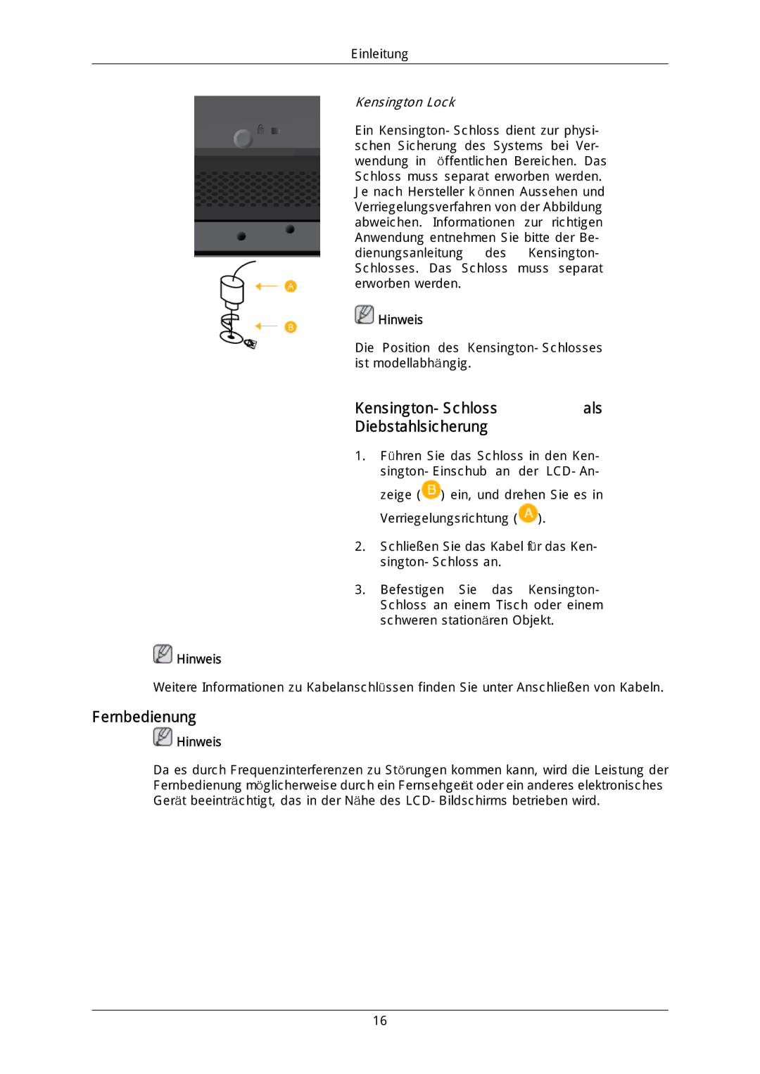 Samsung LH46DLTLGD/EN, LH40DLPLGD/EN, LH40DLTLGD/EN, LH46DLPLGD/EN Kensington-Schloss als Diebstahlsicherung, Fernbedienung 