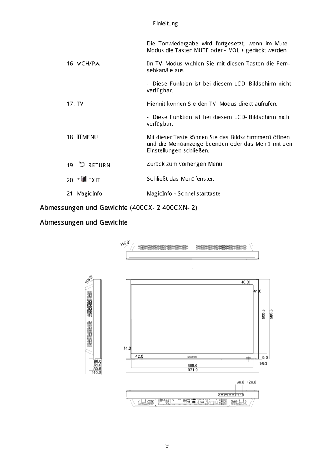 Samsung LH40DLPLGD/EN, LH46DLTLGD/EN, LH40DLTLGD/EN, LH46DLPLGD/EN manual Abmessungen und Gewichte 400CX-2 400CXN-2, Return 