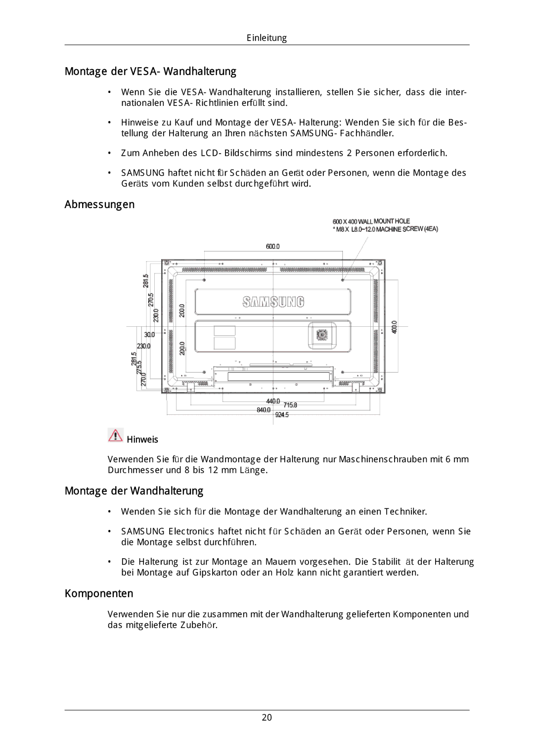 Samsung LH46DLTLGD/EN, LH40DLPLGD/EN Montage der VESA-Wandhalterung, Abmessungen, Montage der Wandhalterung, Komponenten 