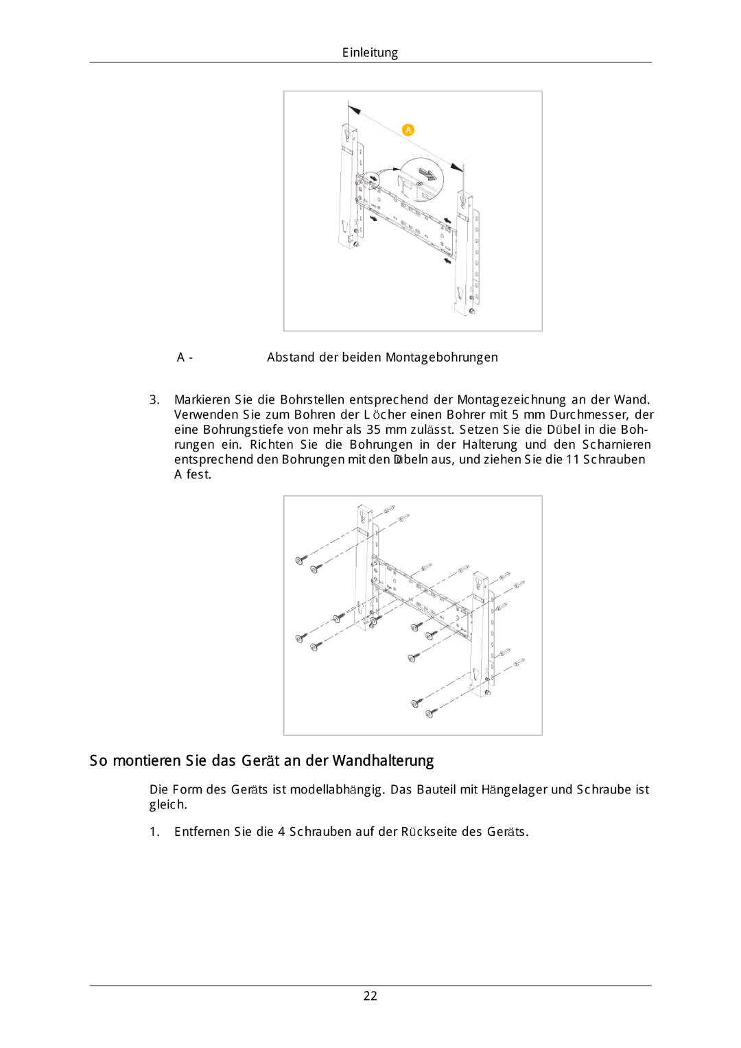 Samsung LH46DLPLGD/EN, LH40DLPLGD/EN, LH46DLTLGD/EN, LH40DLTLGD/EN manual So montieren Sie das Gerät an der Wandhalterung 