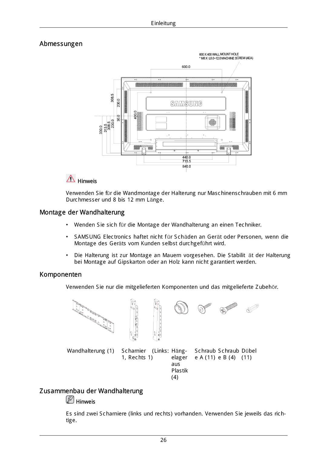 Samsung LH46DLPLGD/EN, LH40DLPLGD/EN, LH46DLTLGD/EN, LH40DLTLGD/EN manual Abmessungen 