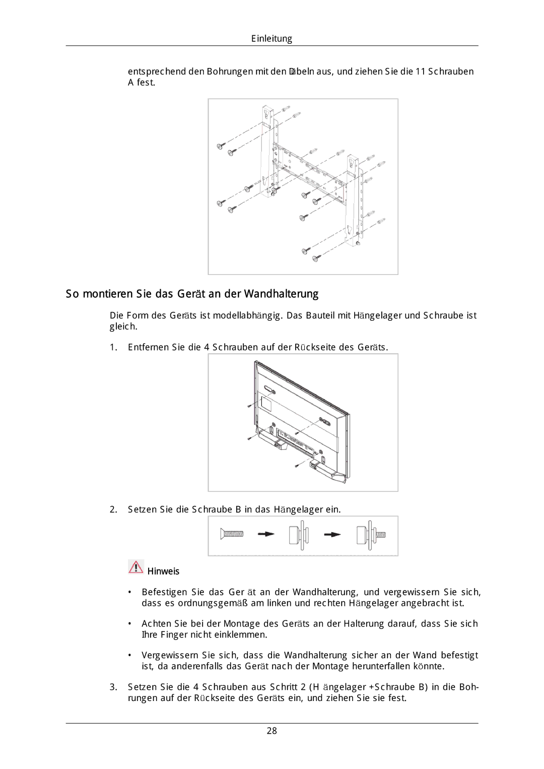 Samsung LH46DLTLGD/EN, LH40DLPLGD/EN, LH40DLTLGD/EN, LH46DLPLGD/EN manual So montieren Sie das Gerät an der Wandhalterung 