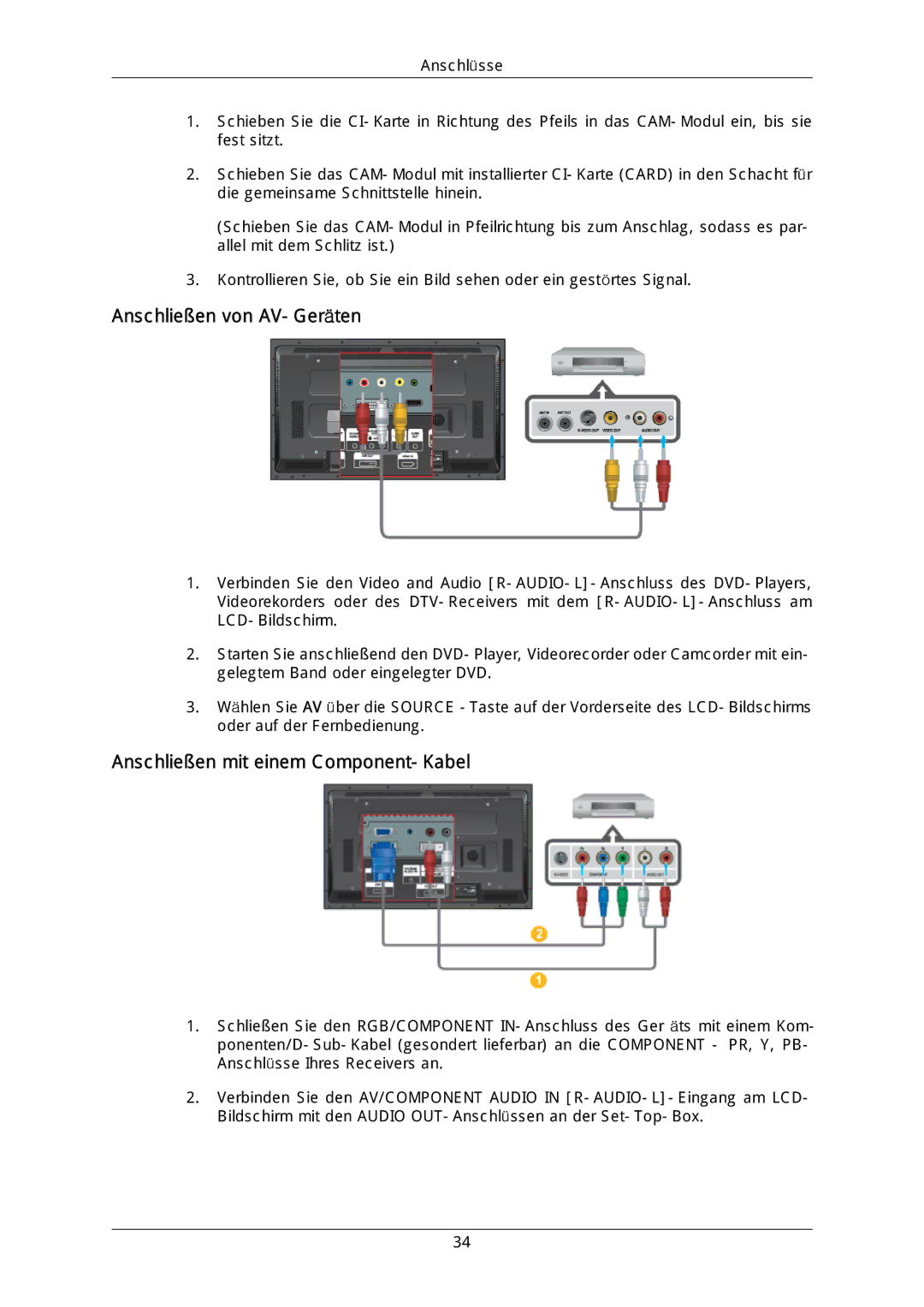 Samsung LH46DLPLGD/EN, LH40DLPLGD/EN, LH46DLTLGD/EN manual Anschließen von AV-Geräten, Anschließen mit einem Component-Kabel 