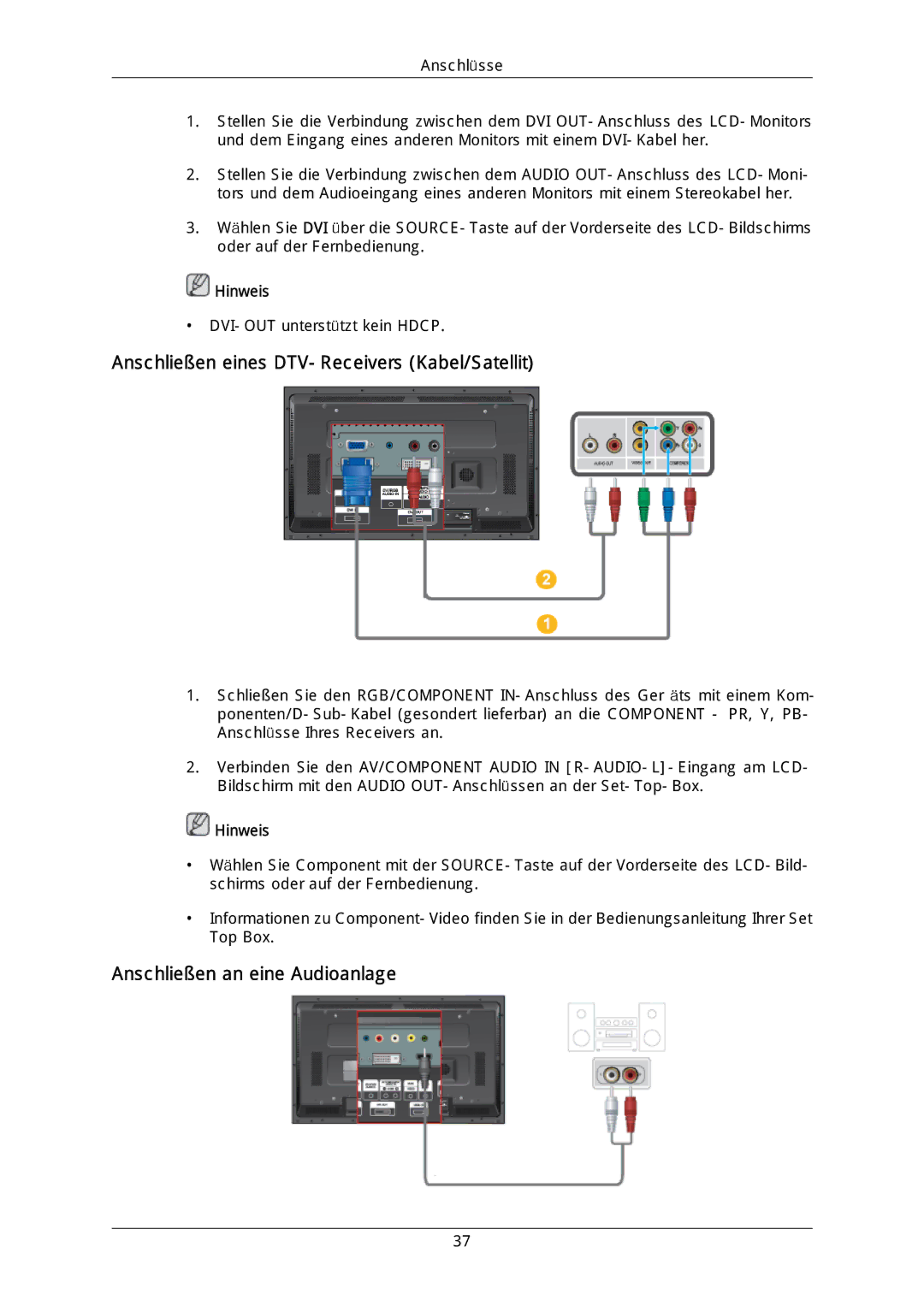 Samsung LH40DLTLGD/EN, LH40DLPLGD/EN manual Anschließen eines DTV-Receivers Kabel/Satellit, Anschließen an eine Audioanlage 