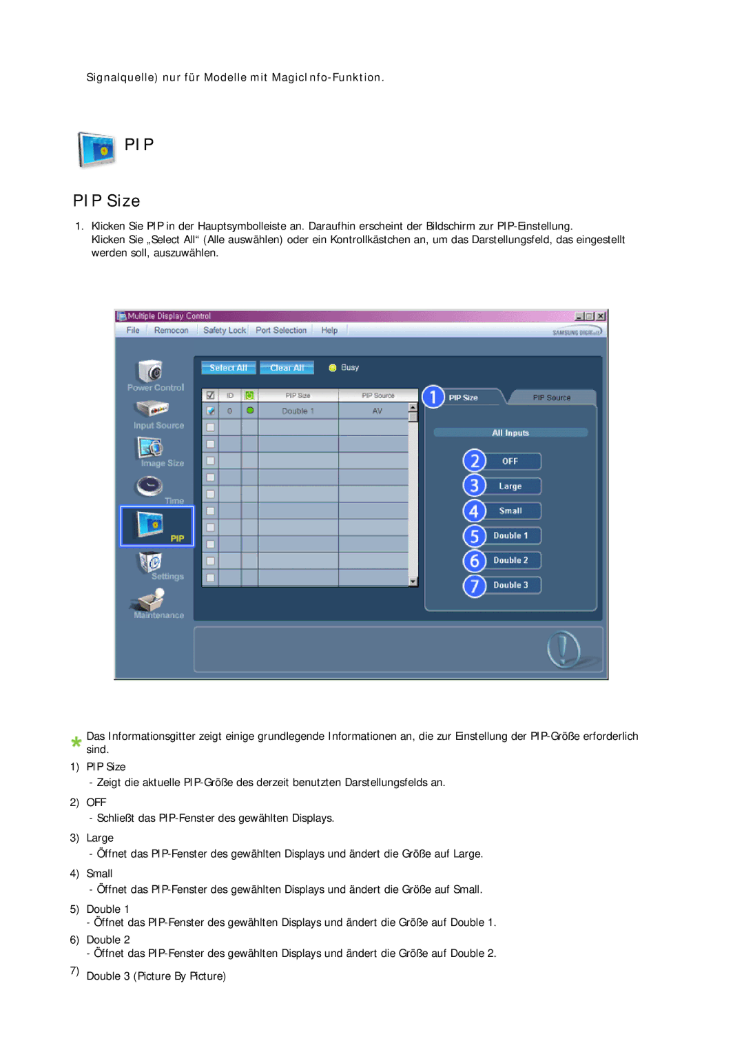 Samsung LH46DLTLGD/EN, LH40DLPLGD/EN, LH40DLTLGD/EN, LH46DLPLGD/EN manual Pip, PIP Size 