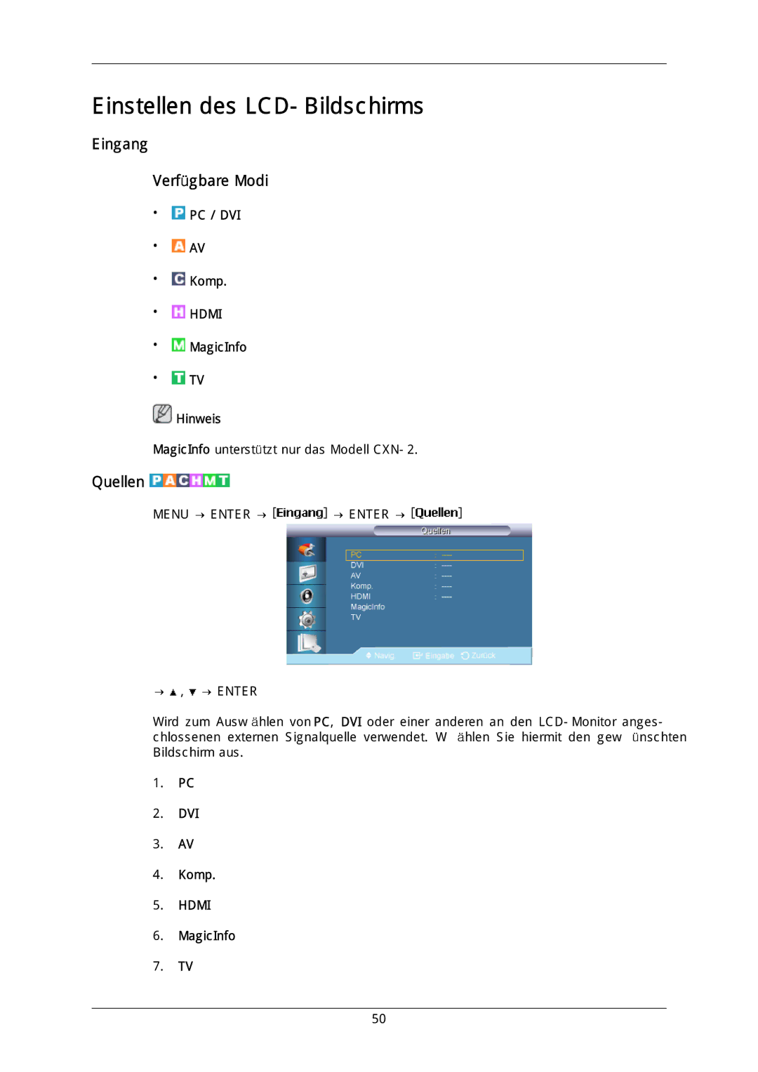 Samsung LH46DLTLGD/EN, LH40DLPLGD/EN, LH40DLTLGD/EN manual Eingang Verfügbare Modi, Quellen, PC / DVI Komp, MagicInfo Hinweis 