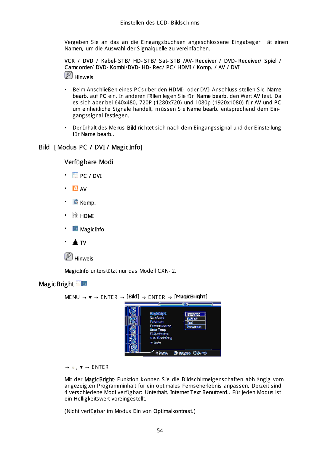 Samsung LH46DLTLGD/EN, LH40DLPLGD/EN, LH40DLTLGD/EN manual Bild Modus PC / DVI / MagicInfo Verfügbare Modi, MagicBright 