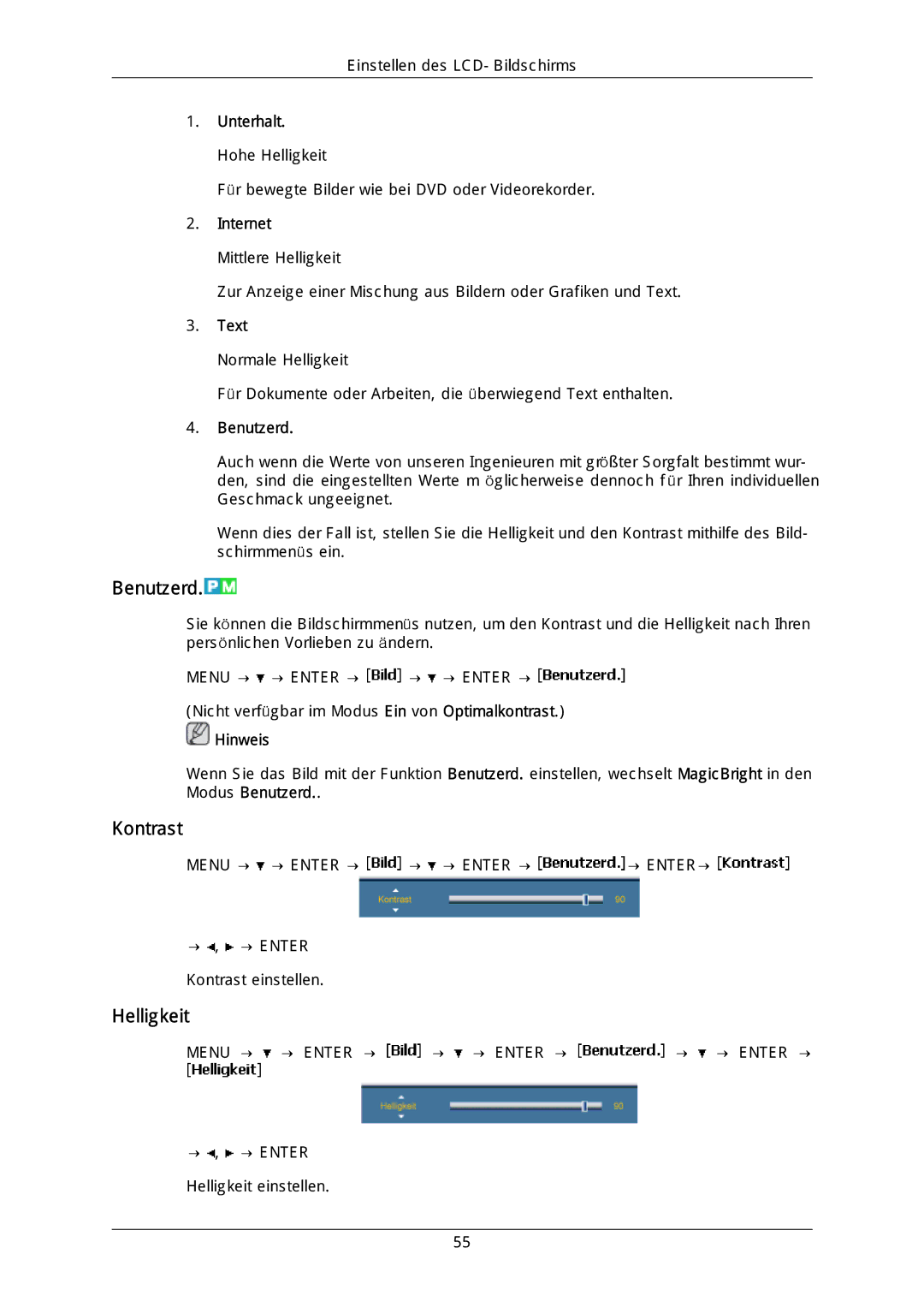 Samsung LH40DLTLGD/EN, LH40DLPLGD/EN, LH46DLTLGD/EN, LH46DLPLGD/EN manual Benutzerd, Kontrast, Helligkeit 