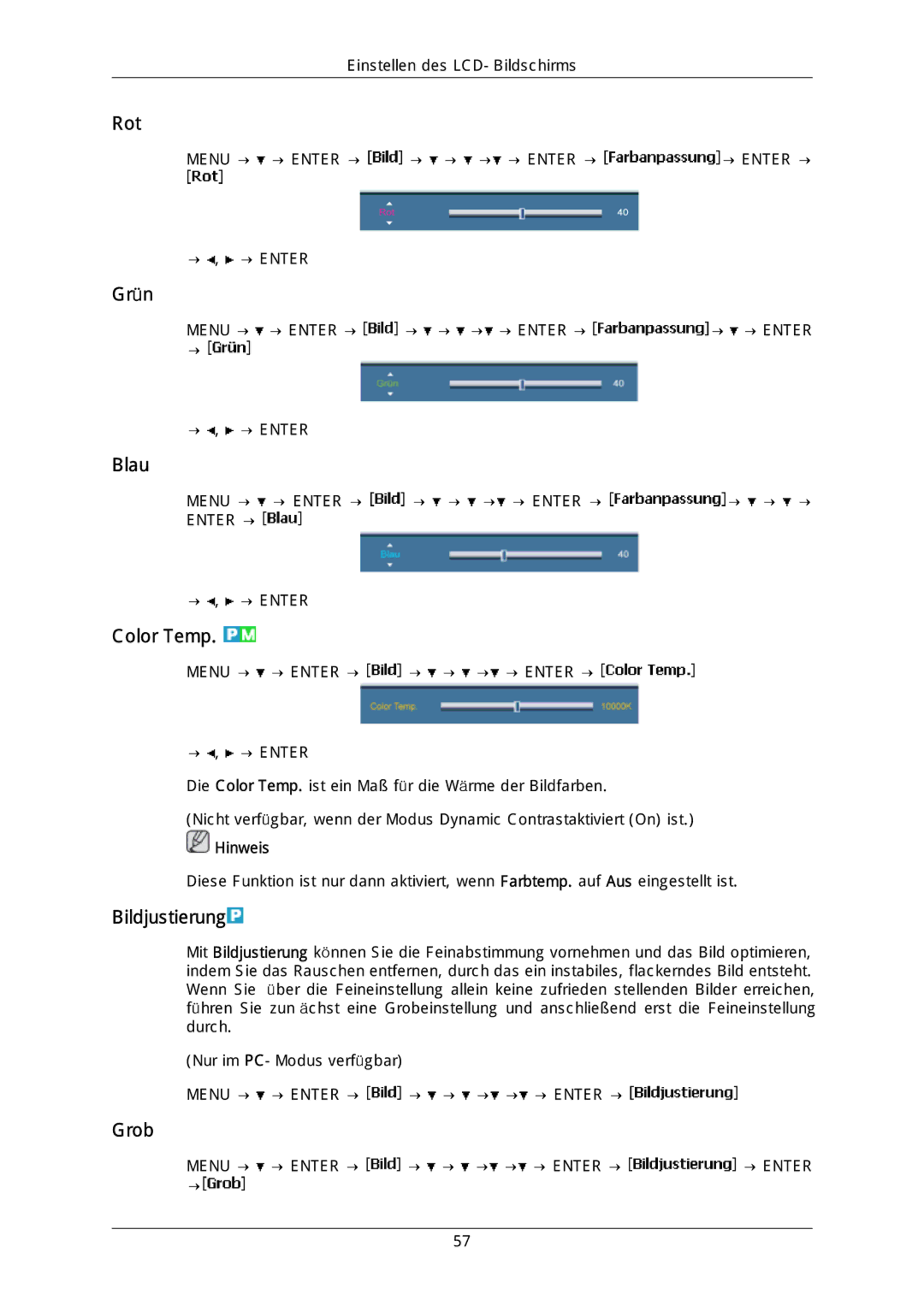 Samsung LH40DLPLGD/EN, LH46DLTLGD/EN, LH40DLTLGD/EN, LH46DLPLGD/EN manual Rot, Grün, Blau, Color Temp, Bildjustierung, Grob 