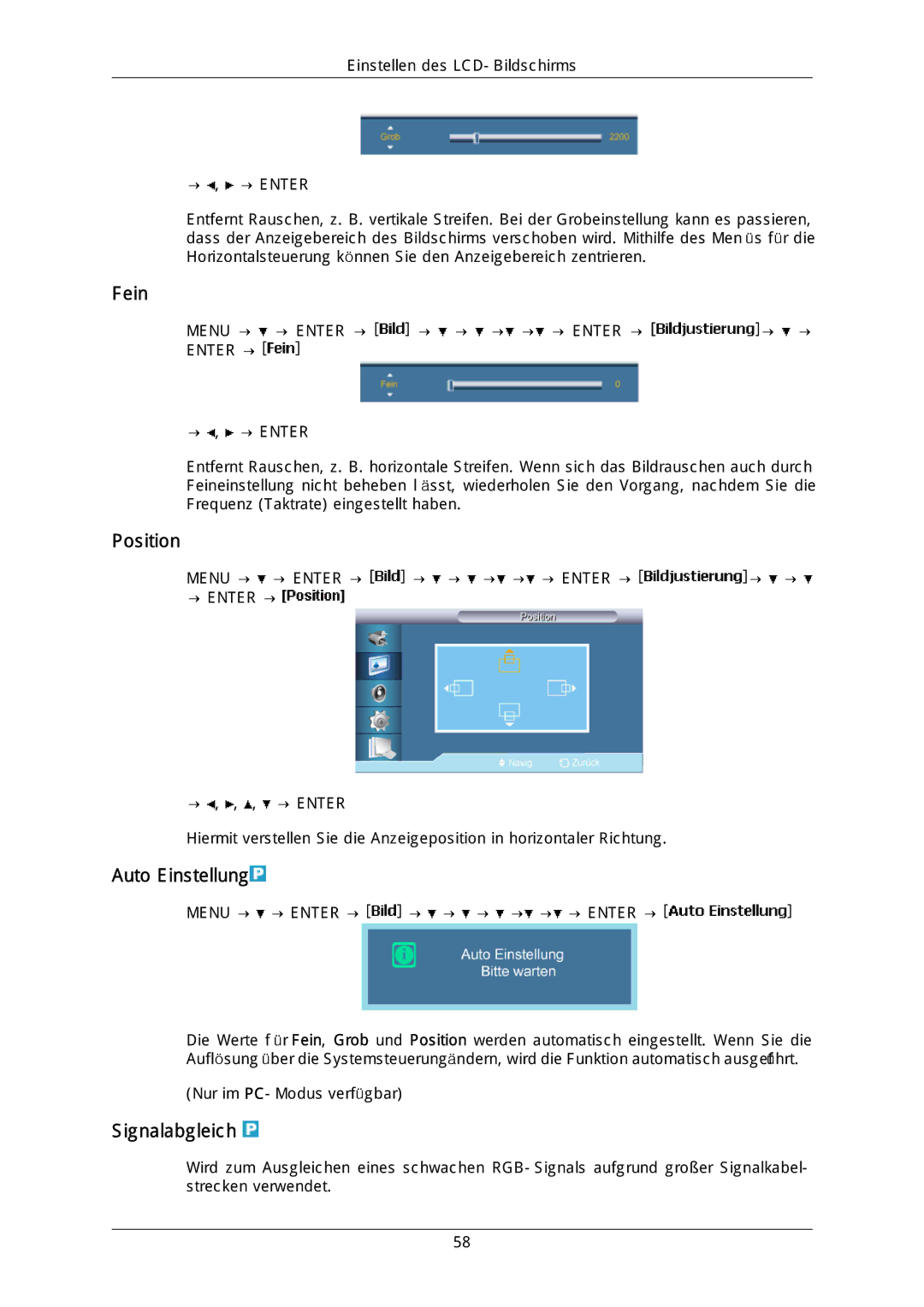 Samsung LH46DLTLGD/EN, LH40DLPLGD/EN, LH40DLTLGD/EN, LH46DLPLGD/EN manual Fein, Position, Auto Einstellung, Signalabgleich 