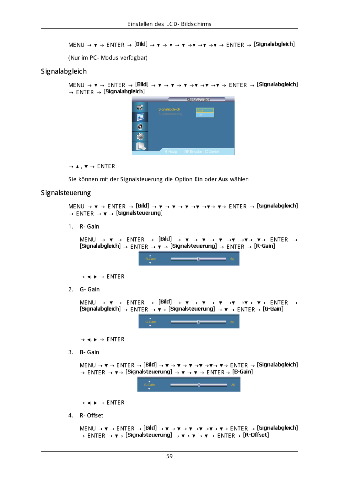 Samsung LH40DLTLGD/EN, LH40DLPLGD/EN, LH46DLTLGD/EN, LH46DLPLGD/EN manual Signalsteuerung, Gain, Offset 