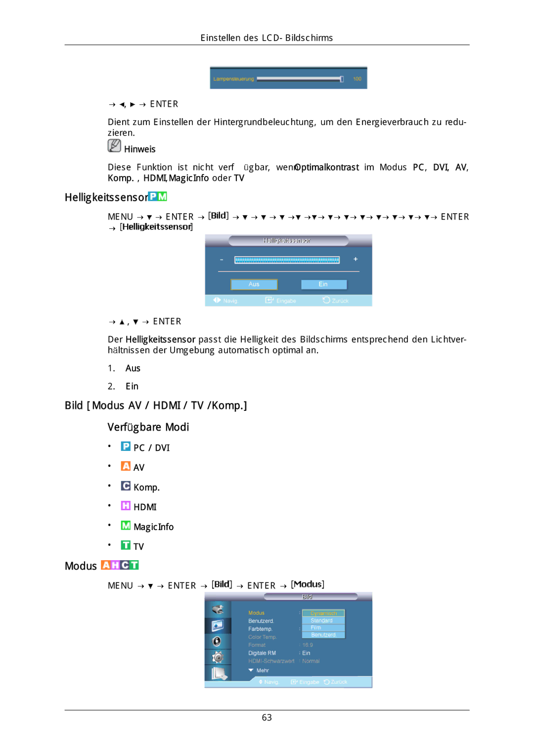 Samsung LH40DLTLGD/EN, LH40DLPLGD/EN, LH46DLTLGD/EN manual Helligkeitssensor, Bild Modus AV / Hdmi / TV /Komp Verfügbare Modi 