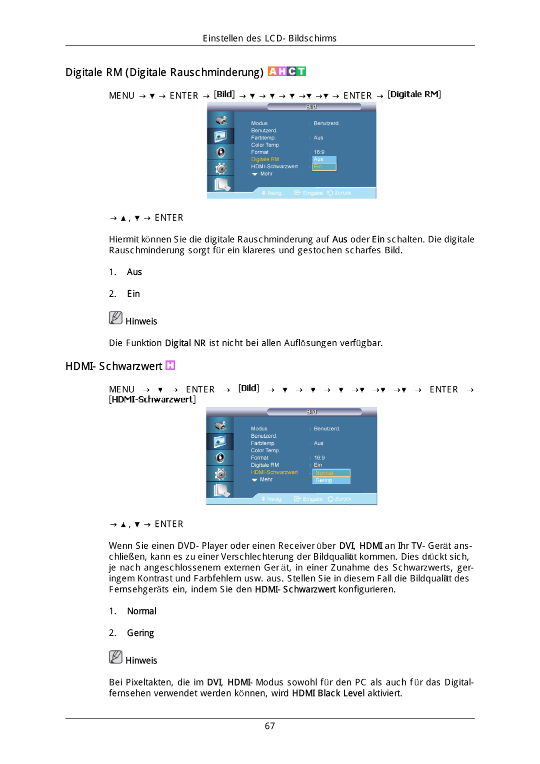 Samsung LH40DLTLGD/EN, LH40DLPLGD/EN, LH46DLTLGD/EN, LH46DLPLGD/EN Digitale RM Digitale Rauschminderung, Aus Ein Hinweis 