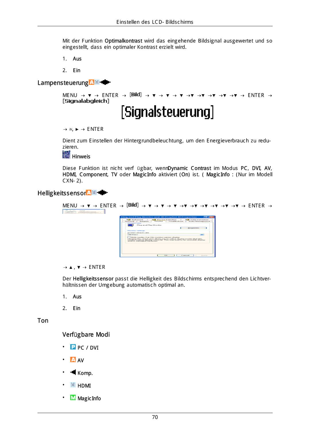 Samsung LH46DLTLGD/EN, LH40DLPLGD/EN, LH40DLTLGD/EN, LH46DLPLGD/EN manual Lampensteuerung, Ton Verfügbare Modi 