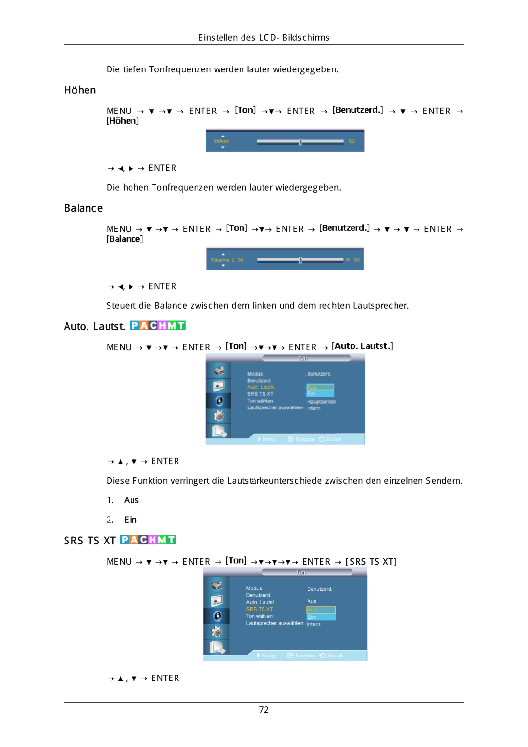 Samsung LH46DLPLGD/EN, LH40DLPLGD/EN, LH46DLTLGD/EN, LH40DLTLGD/EN manual Höhen, Balance, Auto. Lautst 